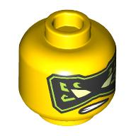 Lego Minifig Head Lloyd, Black and Yellow Eye Mask, Angry Grin / Dark Red Eyebrows, Green Eyes, Angry Stare print / Yellow