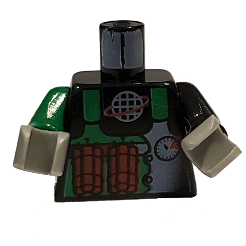 Lego Torso, Odd Arms, Vest, Green with Alpha Team Logo, Dynamite Print, Left Black Arm, Right Green Arm, Light Gray Hands / Black