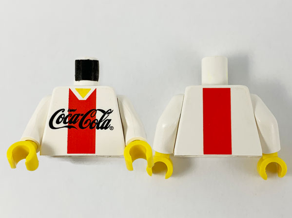 Lego Torso Coca-Cola Logo with V-Neck Shirt and Red Stripe Pattern / White Arms / Yellow Hands