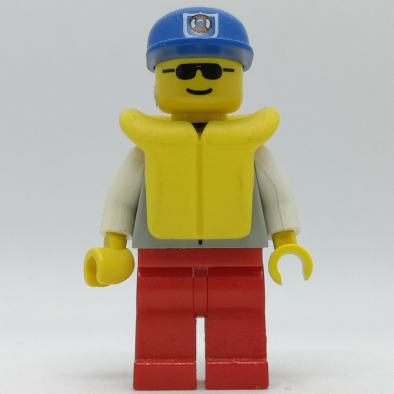 Lego Coast Guard, Light Gray Jacket with Zipper and Badge, Blue Cap with Badge, Yellow Life Vest, Sunglasses