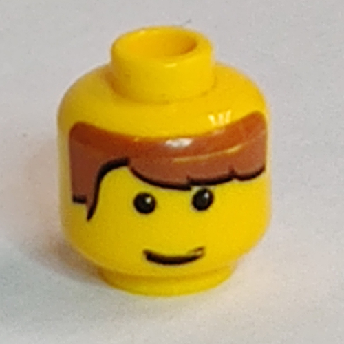 Lego Minifig Head, Brown Bangs Parted on Right, White Pupils and Smile Print / Yellow