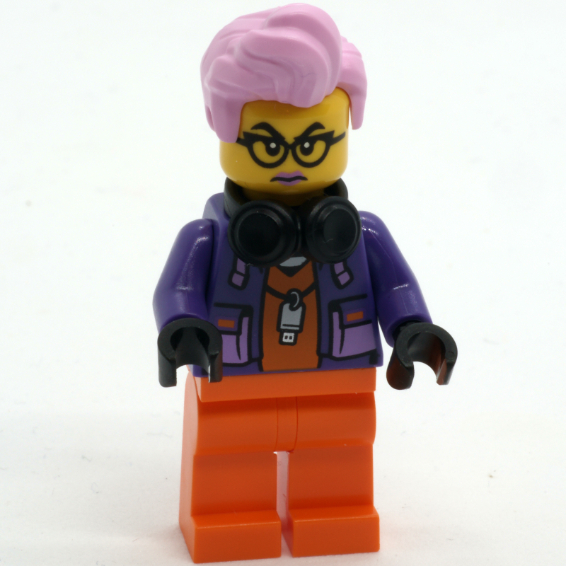 Lego Criminal, Orange Suit, Bright Pink Hair, Dark Purple Jacket, Black Headphones