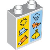 Lego Duplo Brick 1 x 2 x 2 with Bottom Tube, Sun, Hat, and Sunscreen on Yellow Background, and Rain Cloud, Rain Boots, Raincoat on Blue Background Print / White