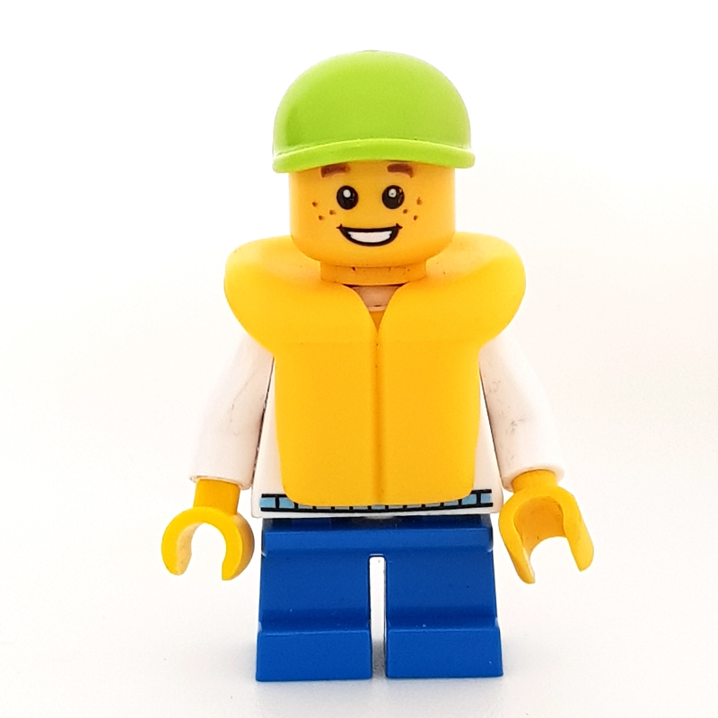 Lego Boy, White and Blue Hoodie, Short Blue Legs, Lime Cap (3626b Head)