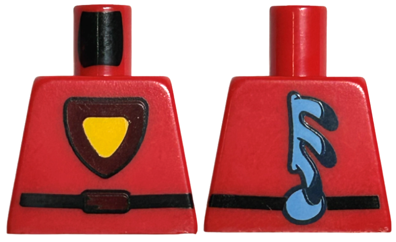 Lego Torso Yellow and Dark Red Triangular Shield with Black Outline, Belt, Medium Blue Spine Fins on Back Pattern
