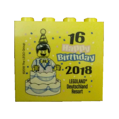 Lego Brick 2 x 4 x 3 with 'LEGOLAND Deutschland Resort 16 Happy Birthday 2018' Print / Yellow