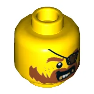Minifig Head Bucko / Pirate, Eyepatch, Dark Orange Beard with Messy Hair and Moustache, Gold Teeth Print / Yellow