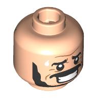 Lego Minifig Head Merry Rumwell/Ervan Soulfallen, Black Eyebrows, Beard, Moustache, Nervous Sweat / Green Mask, Lime Eyes, Angry / Light Nougat