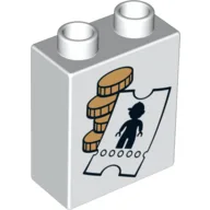 Duplo Brick 1 x 2 x 2 with Coins and Ticket with Minifig Silhouette Print / White