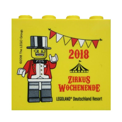 Lego Brick 2 x 4 x 3 with 'LEGOLAND Deutschland Resort 2018 ZIRKUS WOCHENENDE' Print / Yellow