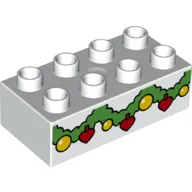 Duplo Brick 2 x 4 with Green Garland with Gold and Red Ornaments Print / White