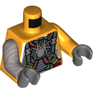 Lego Torso, Odd Arms, Armor, Straps, Spiders on Front and Back Print, Left Bright Light Orange Arm, Right Flat Silver Arm, Dark Bluish Gray Hands / Bright Light Orange