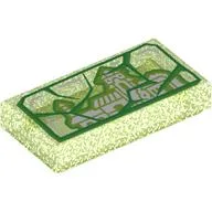 Tile 1 x 2 with Green Broken Glass Panel, Madrigal House Print / Opal Trans-Bright Green