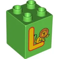 Duplo Brick 2 x 2 x 2 with 'L' and Lion Print / Bright Green