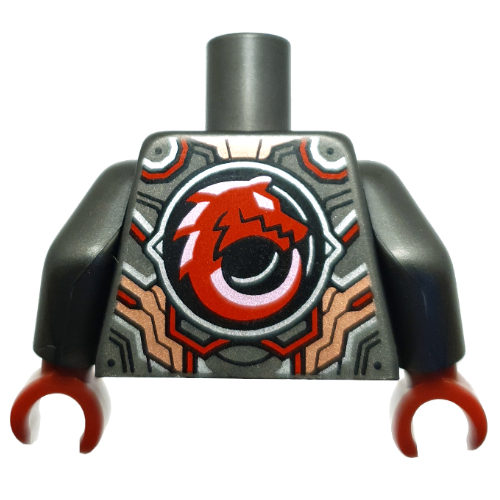 Lego Torso, Armor, Red Lines, Dragon Head print, Pearl Titanium Arms, Dark Red Hands / Pearl Titanium