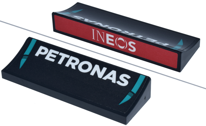 Lego Arch 6 x 2 x 5/6 Inverted with Dark Turquoise Lines, White 'PETRONAS' and 'INEOS' Logo on Red Background Pattern (Stickers) - Set 77244