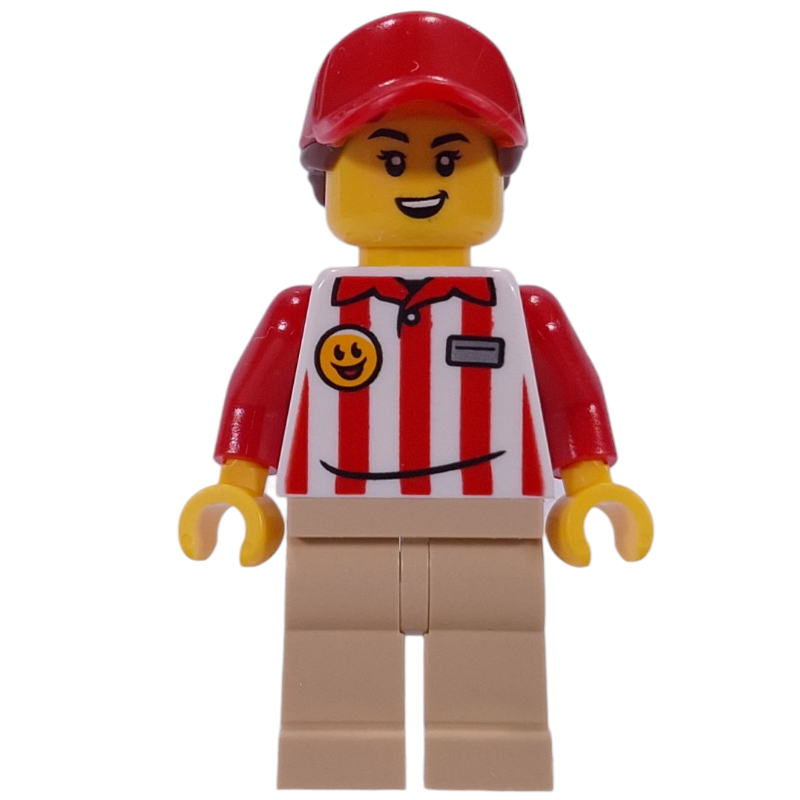 Lego Hotdog Vender, Red/White Stripes Shirt, Tan Legs, Red Cap