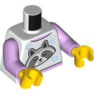 Lego Torso, Shirt with Raccoon print, Lavender Arms, Yellow Hands / White