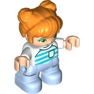 Duplo Figure Child with Two Buns on Top and Long Bangs Orange, Bright Light Blue Legs, Light Aqua and Dark Turquoise Striped Shirt Print / White