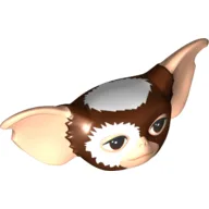 Minifig Head Special with Light Nougat Ears and Face, Dark Brown Eyes, White Fur on Head and Around Right Eye Print (Gremlin Mogwai) / Reddish Brown