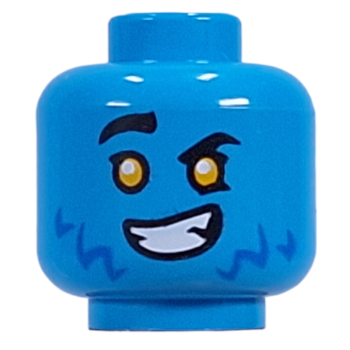Lego Minifig Head Logan, Blue Fur, Yellow eyes, Raised Eyebrows, Lopsided Grin/Red Eyes, Angry Grin / Dark Azure