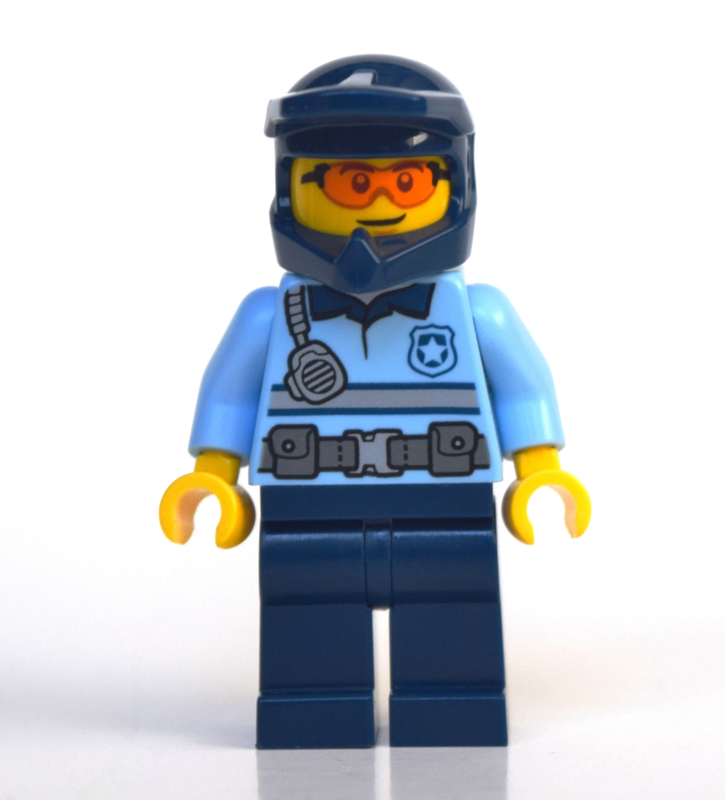 Lego Policeman, Polo Shirt with Belt and Radio, Dark Blue Legs, Dark Blue Dirt Bike Helmet, Orange Glasses