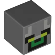 Minifig Head Special, Cube with Pixelated Face, Lime Eyes, Green Mouth, Black Trace Print / Dark Bluish Gray