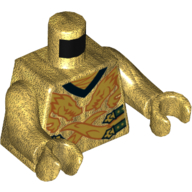 Lego Torso Robe, 2 Gold Dragons, Black Trim V-Neck, Dark Green Straps Print, Pearl Gold Arms and Hands / Pearl Gold