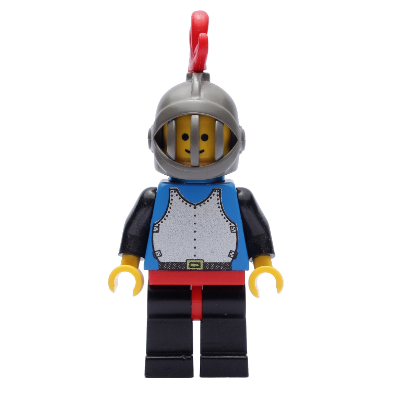 Lego Knight (Breastplate on Blue) - Black Legs, Dark Gray Helmet, Red Plume, Plastic Cape