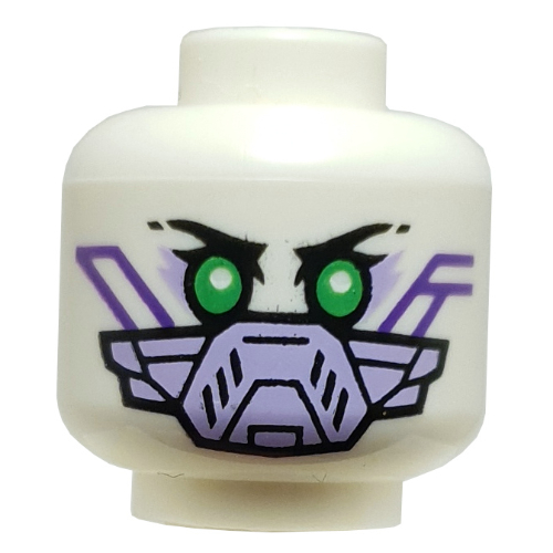Lego Minifig Head PIXAL, Green Eyes, Black Eyebrows, Dark Purple Circuitry, Smile / Lavender Breathing Mask / White
