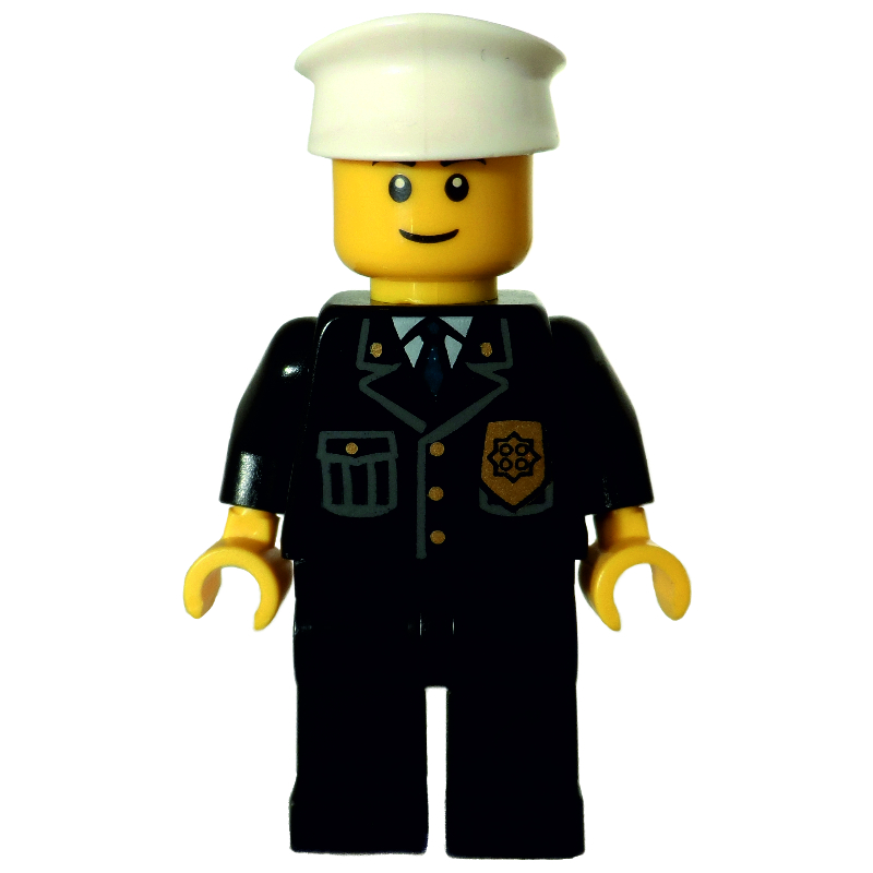Lego Policeman, Black Jacket with Pocket and Badge, White Hat, Smile, Brown Eyebrows