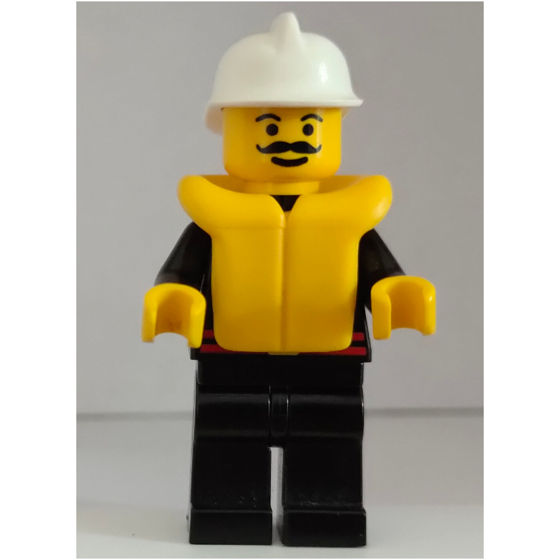 Lego Fireman, Black Fire Jacket with Red Belt and Badge, White Helmet, Yellow Life Vest, Moustache