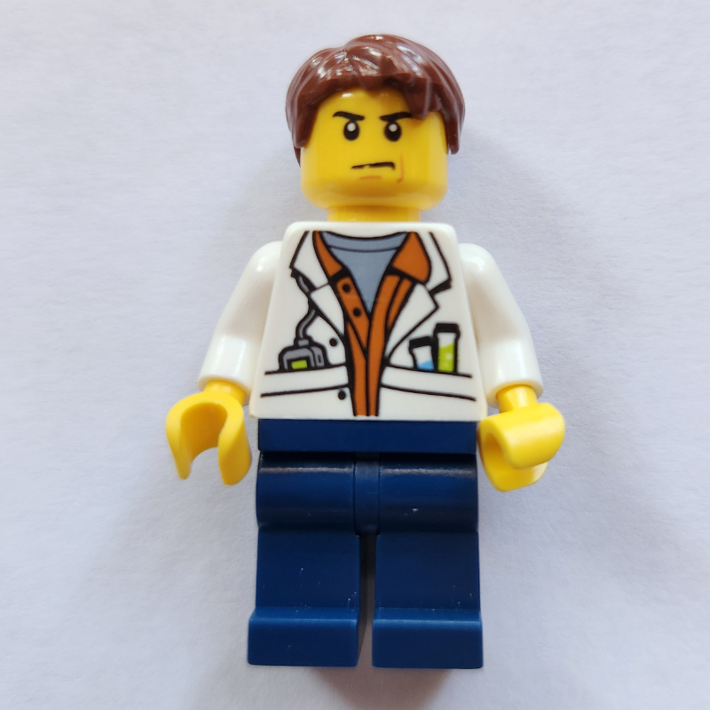 Lego Scientist, Open White Jacket, Dark Blue Legs