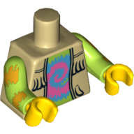 Lego Torso Vest with Fringe over Lime Top with Pink and Blue Swirl Print, Lime Arms with Yellow Print, Yellow Hands / Tan