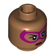 Lego Minifig Head Batgirl, Dual Sided, Magenta Eyemask, Dark Red Lips, Grin with Teeth / Neutral Print [Hollow Stud] / Medium Nougat