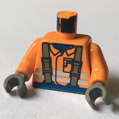 Lego Torso Construction Jacket, Brown Suspenders, Shirt, Safety Stripes Print, Orange Arms, Dark Gray Hands / Orange