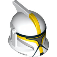 Lego Helmet Clone Trooper Phase 1, with Side Holes, Commander, Yellow Markings and Silver Visor Print / White