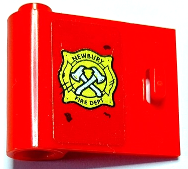 Lego Door 1 x 3 x 2 Left - Open Between Top and Bottom Hinge with Gold 'NEWBURY FIRE DEPT' Badge and Crossed Silver Axes Pattern (Sticker) - Set 70436