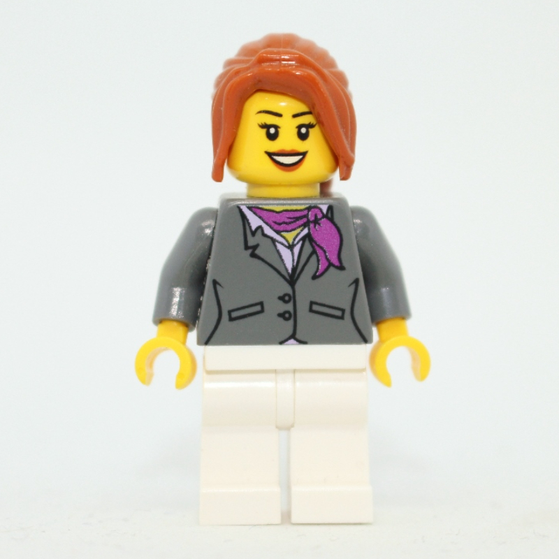 Lego Woman, Dark Bluish Gray Jacket with Magenta Scarf, White Legs, Dark Orange Hair