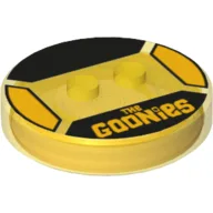 Function Brick Round 4 x 4 x 2/3 with 2 Studs and 'THE GOONIES' Print / Trans-Yellow