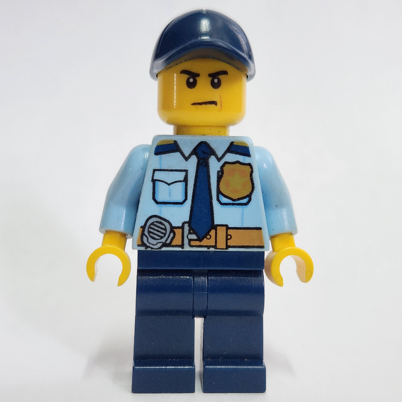 Lego Policeman, Bright Light Blue Shirt with Dark Blue Tie, Badge, and Radio on Belt, Dark Blue Cap