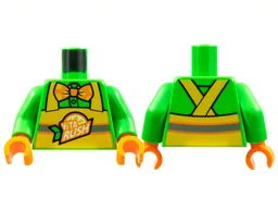 Torso Button Up Shirt, Orange Bow Tie with Polka Dots, Yellow Apron with 'ViTA RUSH' Logo, Silver Stripe Pattern / Bright Green Arms / Orange Hands