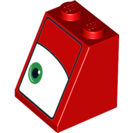 Lego Brick Sloped 65° 2 x 2 x 2 with Bottom Tube and Eye, Green, Left Print / Red