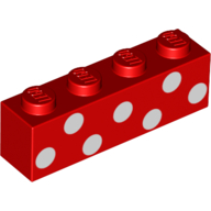Lego Brick 1 x 4 with White Circles, Dots print / Red