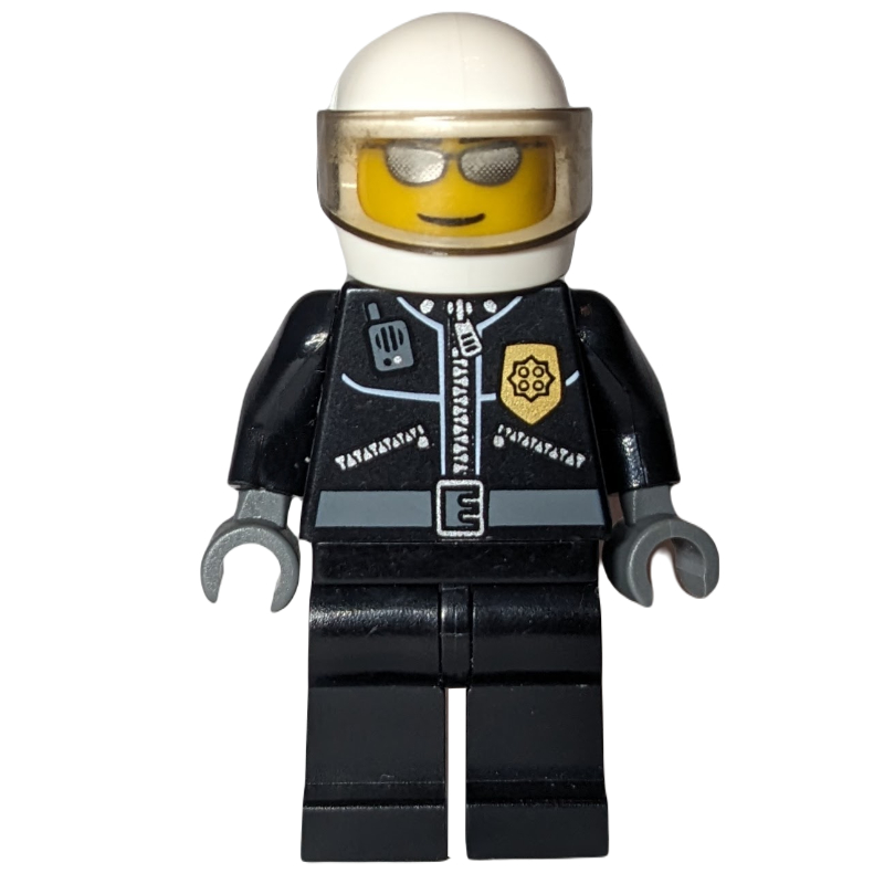 Lego Policeman, Black Jacket with Zipper, Radio, Badge, and 'POLICE' on Back, White Helmet with Visor, Silver Sunglasses