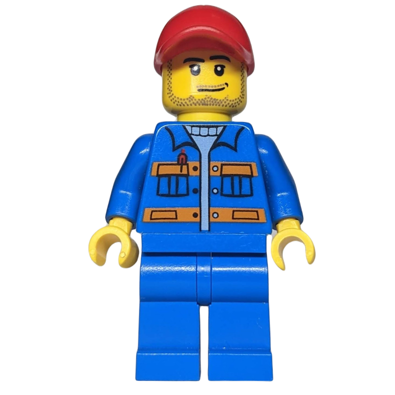 Lego Construction Worker, Blue Jacket with Orange Stripes, Blue Legs, Red Cap, Stubble