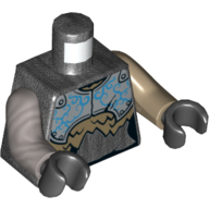 Lego Torso, Odd Arms, Armour, Dark Azure Decorations, Dark Tan Fur Print, Left Dark Tan Arm, Right Flat Silver Arm, Black Hands / Pearl Titanium