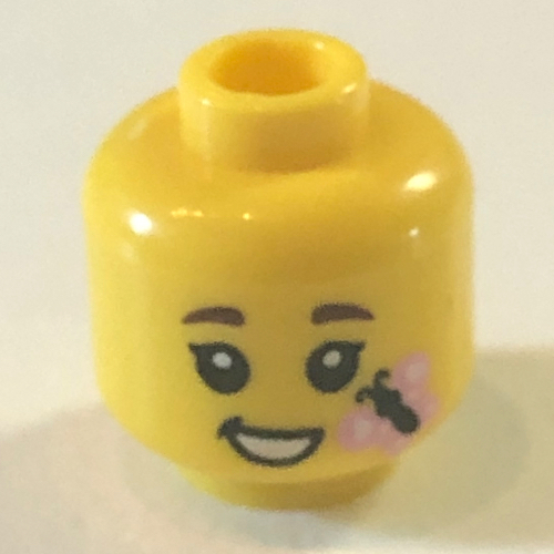 Lego Minifig Head, Brown Eyebrows, Closed Mouth Smile / Open Mouth Smile with Pink Butterfly Print / Yellow