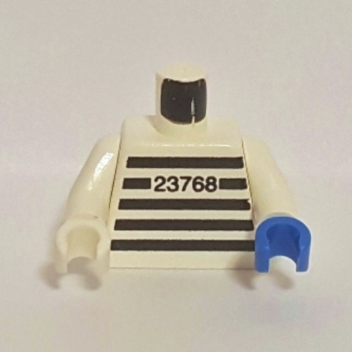 Lego Torso, Odd Hands, Prison Shirt, '23768' Print, White Arms, Left Blue Hand, Right White Hand / White