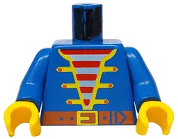 Torso Pirate Jacket Open with Yellow Trim over Shirt with Red and White Horizontal Stripes, Dark Orange Belt with Buckle Pattern / Blue Arms / Yellow Hands